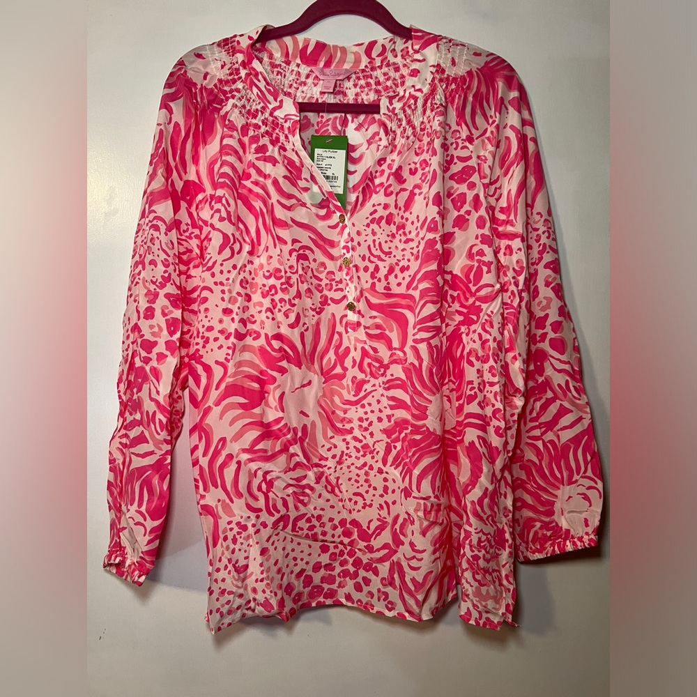 NWT Lilly Pulitzer Elsa Silk Blouse in Get Spotted Size XL